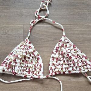 Strawberry Ruffle Triangle Bikini Top - Cream & Red